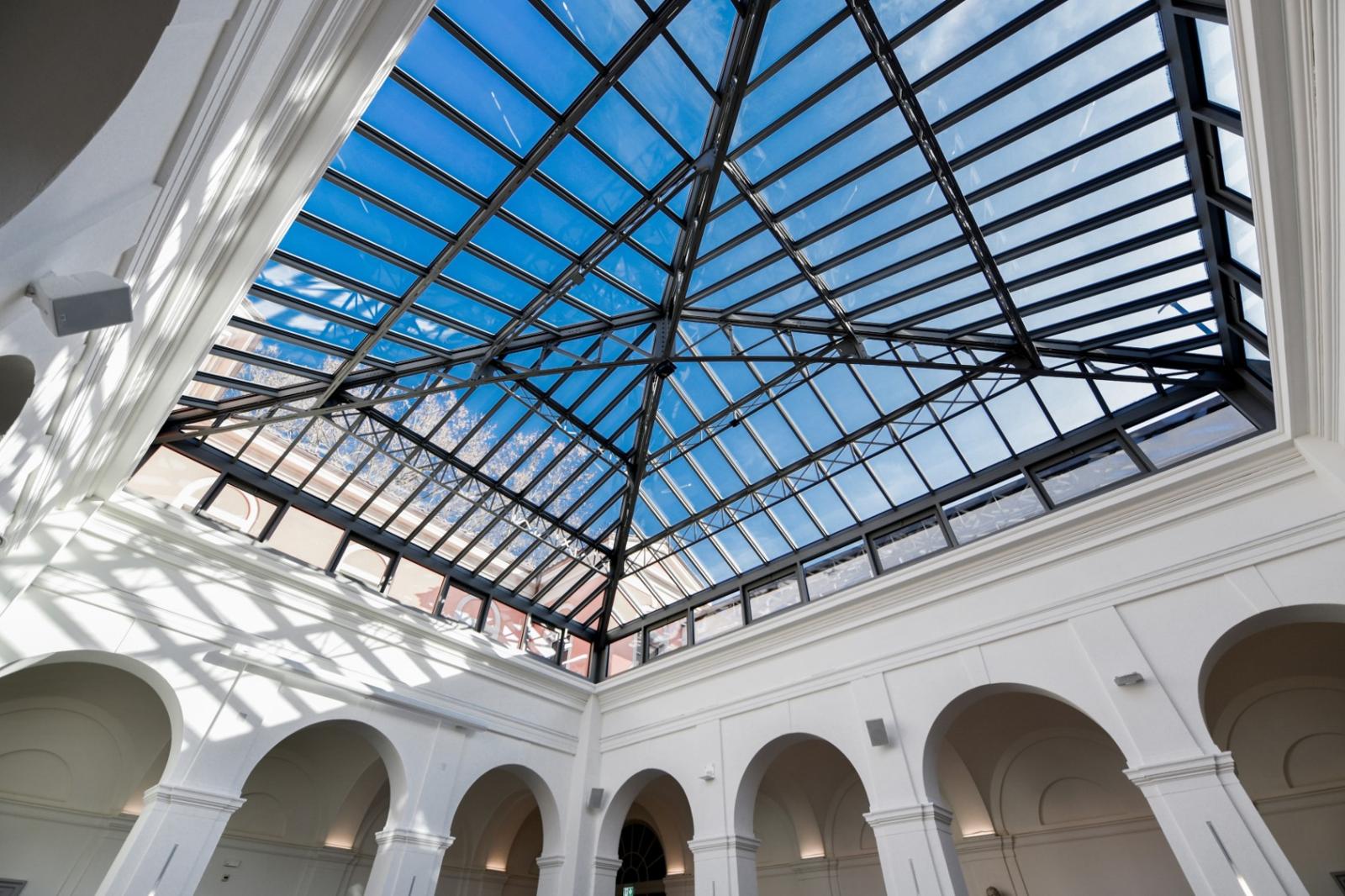 The restored skylight maintains the original iron structure.